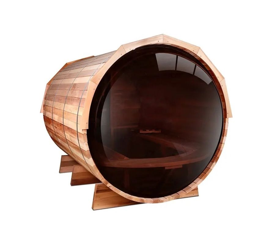 Sauna tradizionale a botte a vapore in legno naturale 2025 in cedro canadese / hemlock con stufa a legna da 6KW e vetro panoramico