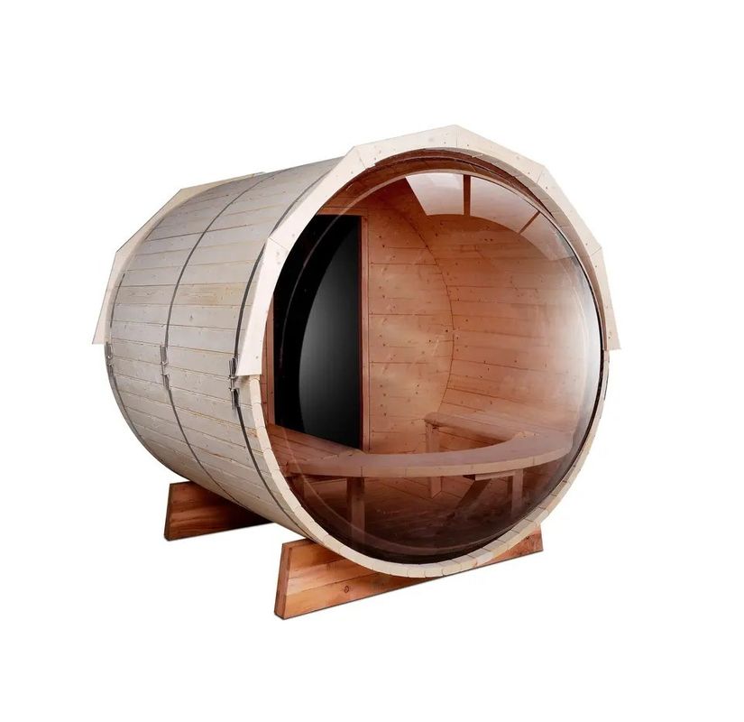 Sauna tradizionale a botte a vapore in legno naturale 2025 in cedro canadese / hemlock con stufa a legna da 6KW e vetro panoramico