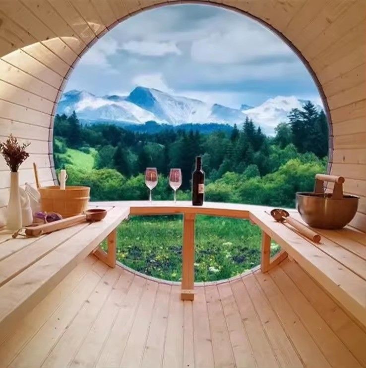 YSE Red Cedar 2025 Nordic Leisure Pine Outdoor Bucket Steam Sala sauna panoramica in vetro Sauna tradizionale 4 persone