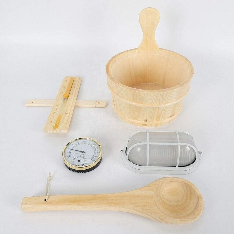Spa Sauna Kit Pail Lampada a cucchiaio in legno Temporizzatore tradizionale di tasca con termometro Cucchiaio d'acqua Cello di sabbia Sauna Accessori Bundle