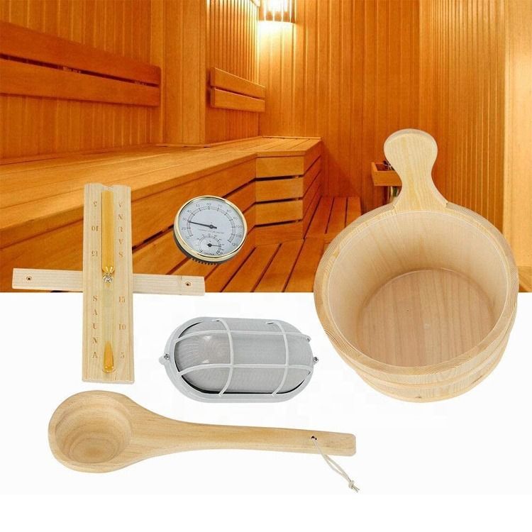 Spa Sauna Kit Pail Lampada a cucchiaio in legno Temporizzatore tradizionale di tasca con termometro Cucchiaio d'acqua Cello di sabbia Sauna Accessori Bundle
